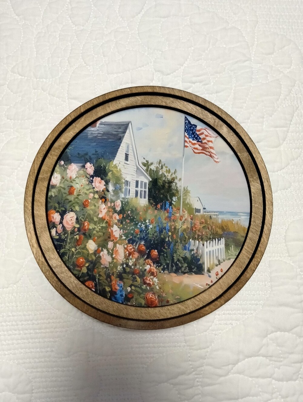 Coastal Cottage Floral Wood Wall Art with American Flag